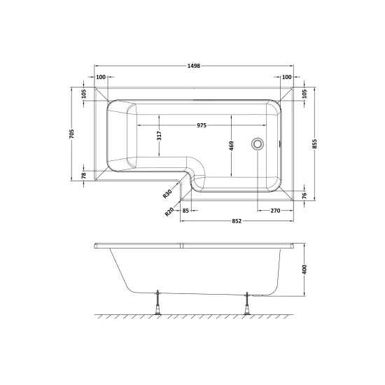 Nuie 1500mm Right Hand Square Shower Bath