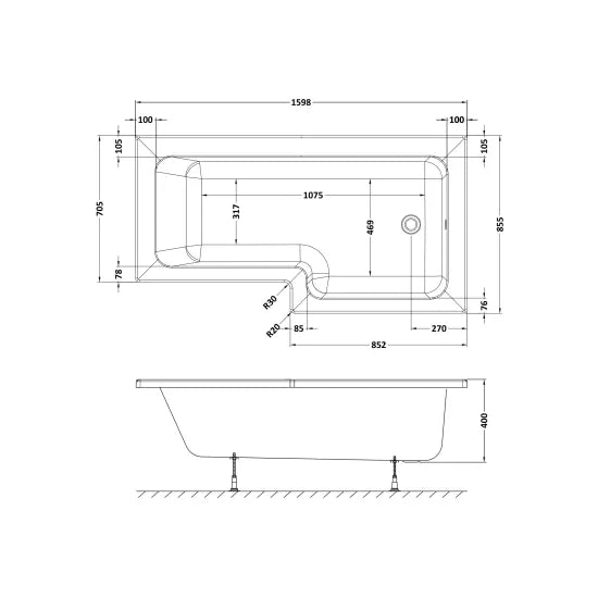 Nuie 1600mm Right Hand Square Shower Bath