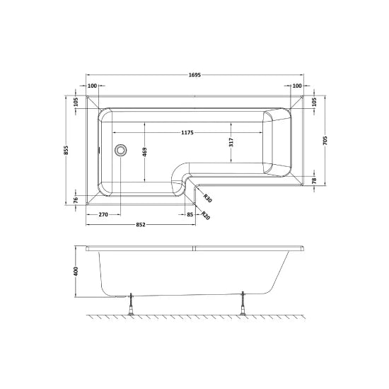 Nuie 1700mm Left Hand Square Shower Bath