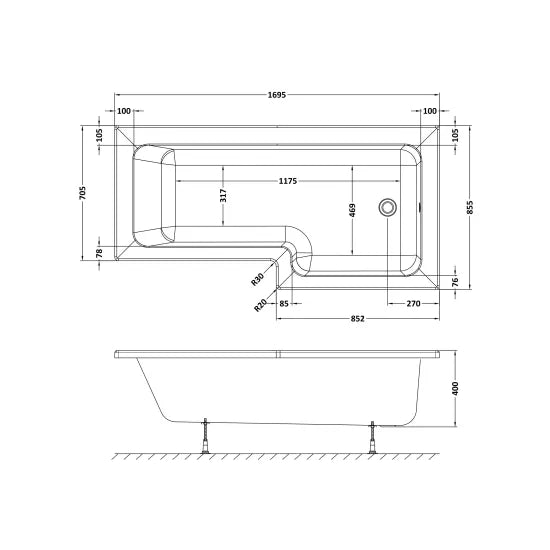 Nuie 1700mm Right Hand Square Shower Bath