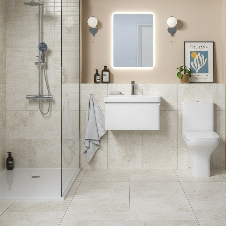 Modern bathroom with shower, sink, and toilet