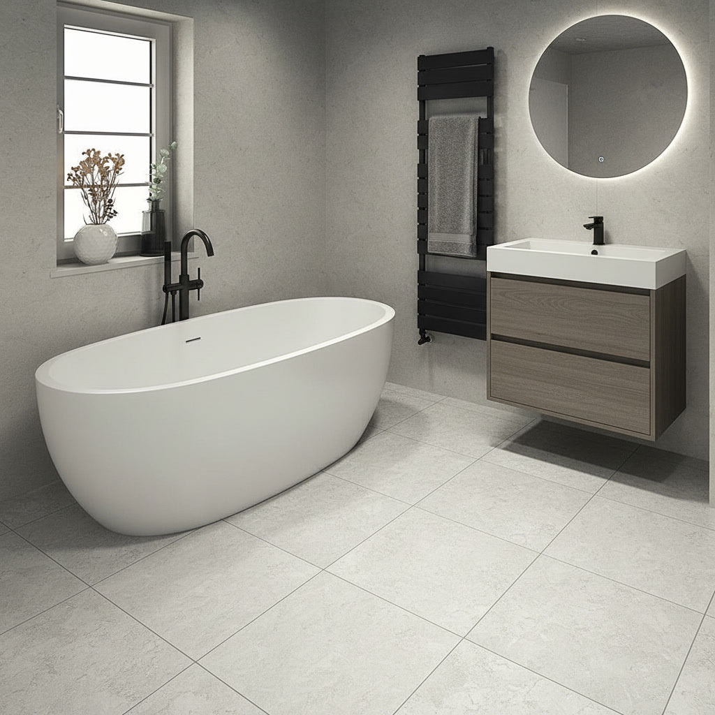 Modern bathroom with freestanding bathtub, sink, and mirror
