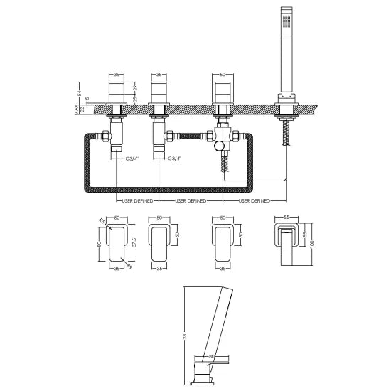 Nuie Deck Mounted 4 Tap Hole Bath Shower Mixer No Spout