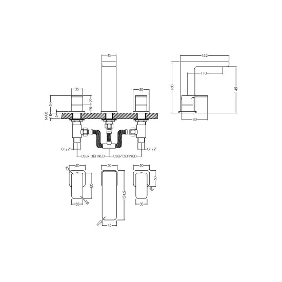 Nuie Deck Mounted 3 Tap Hole Basin Mixer With Pop Up Waste