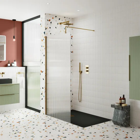 Nuie 1000x1850 Fluted Wetroom Screen Inc Support Bar - Brushed Brass