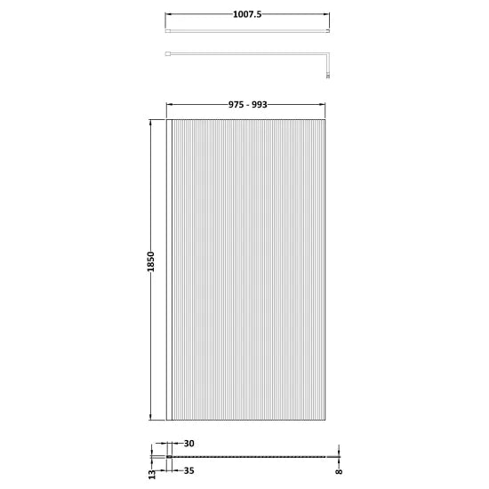 Nuie 1000x1850 Fluted Wetroom Screen Inc Support Bar - Brushed Brass