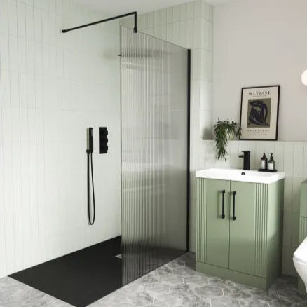 Nuie 1000mm Fluted Wetroom Screen with Support Bar Black Matt