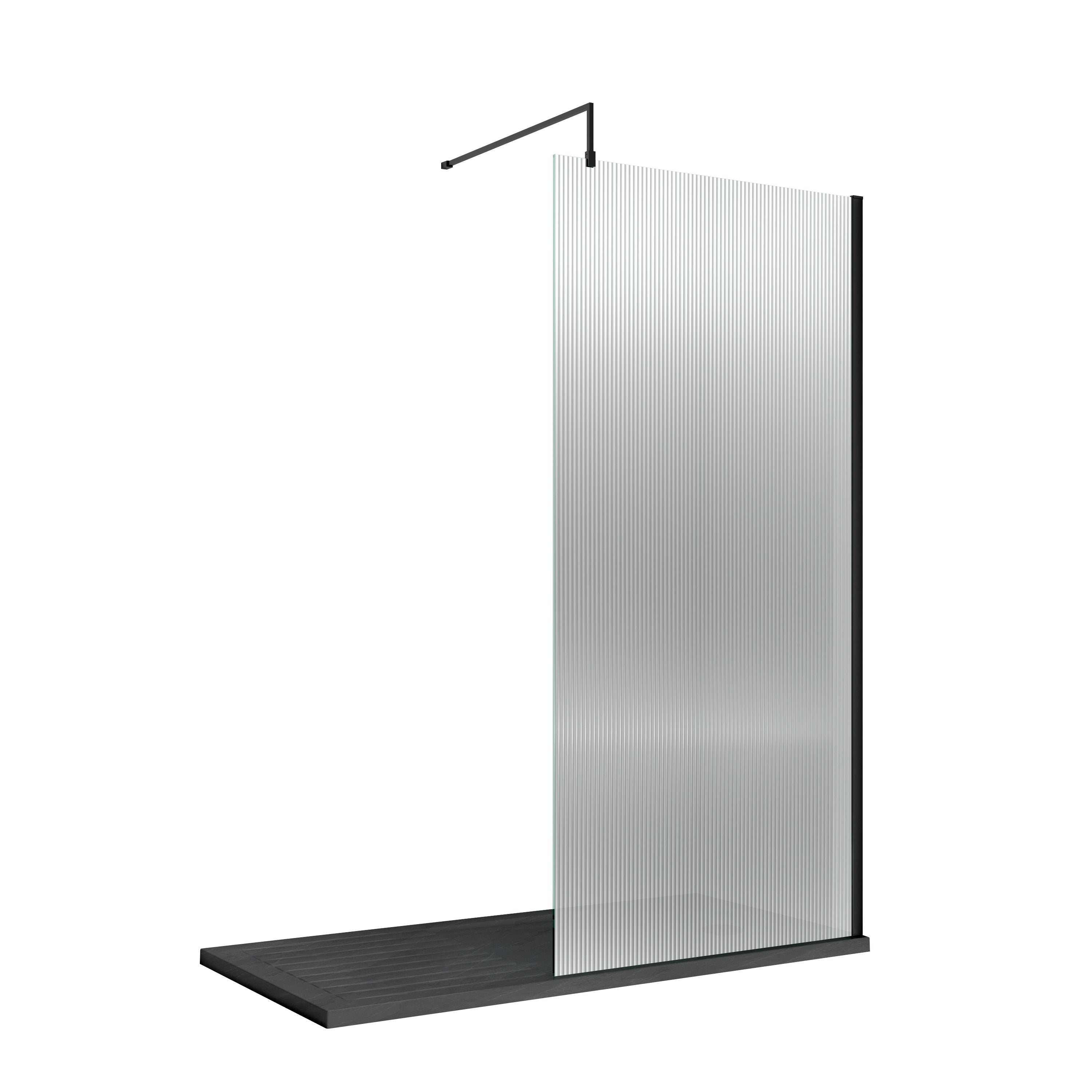 Nuie 1000mm Fluted Wetroom Screen with Support Bar Black Matt