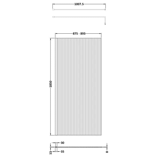 Nuie 900mm Fluted Wetroom Screen with Support Bar