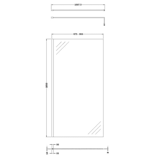 Nuie 1000mm Wetroom Screen & Support Bar Chrome