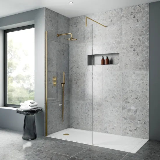 Nuie 1000mm Wetroom Screen With Support Bar Brushed Brass