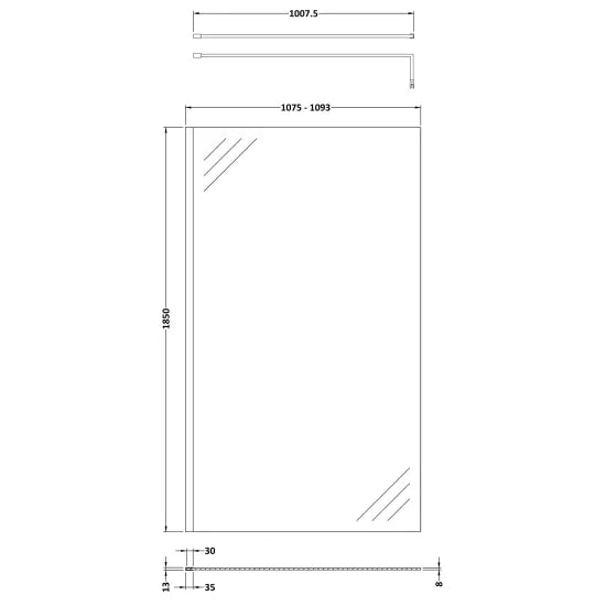 Nuie 1100mm Wetroom Screen With Support Bar Brushed Brass