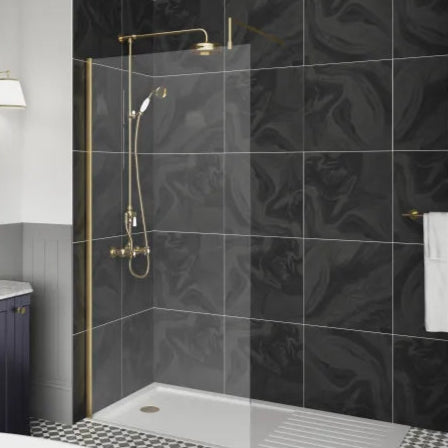 nuie 1100mm wetroom screen with support barwrscbb011, Nuie, brushed brass, Shower Enclosures, Wetroom Screens, 1