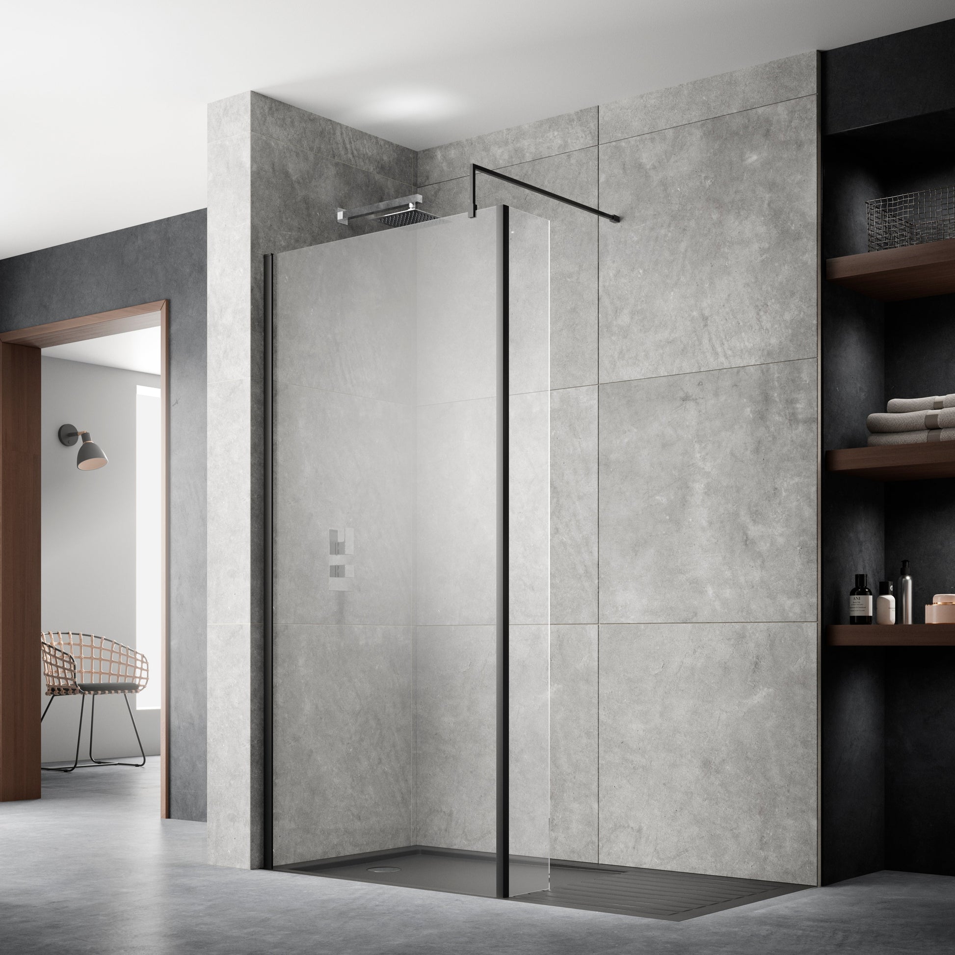 Nuie 1100mm Wetroom Screen With Support Bar Matt Black