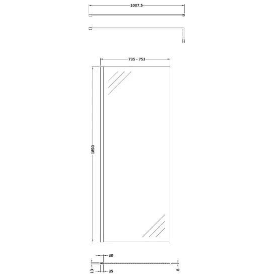 Nuie Wetroom Screen 760x1850x8mm - Brushed Pewter