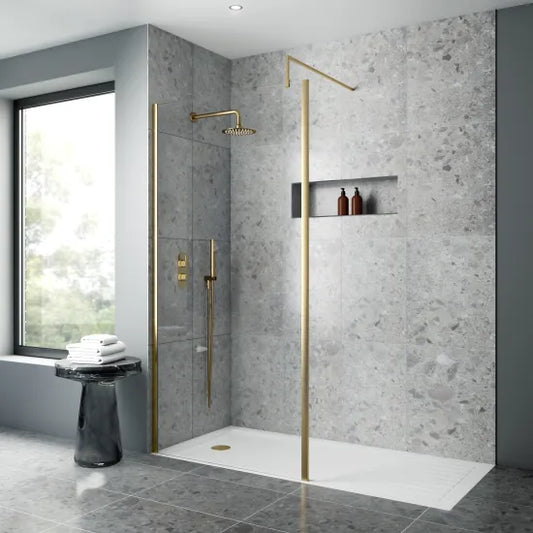 Nuie 1000mm Outer Framed Wetroom Screen with Support Bar Brushed Brass