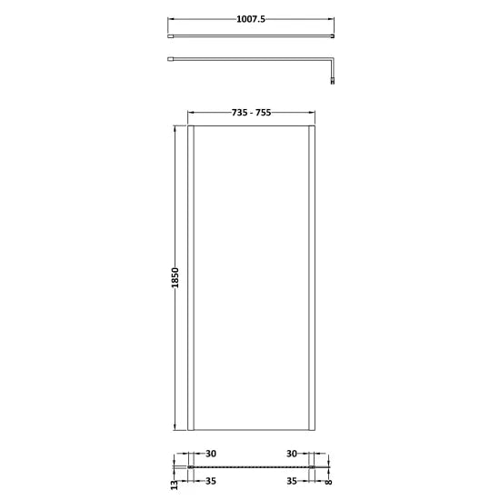 Nuie 760mm Outer Framed Wetroom Screen with Support Bar