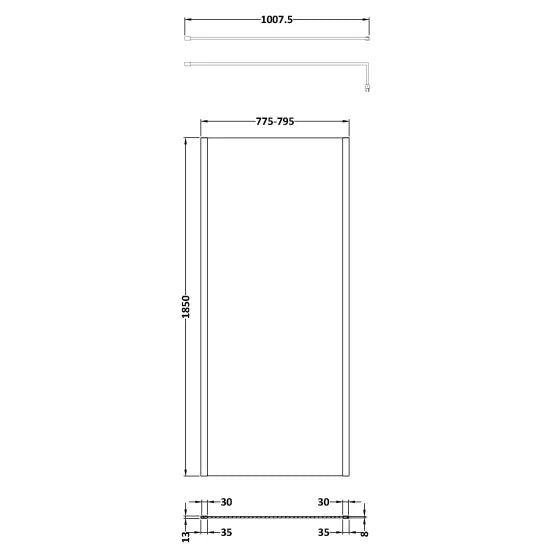 Nuie 800mm Outer Framed Wetroom Screen with Support Bar