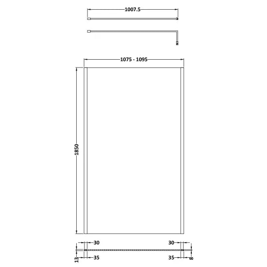 Nuie 1100mm Outer Framed Wetroom Screen with Support Bar Matt Black