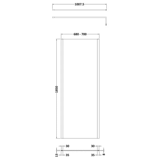 Nuie 700mm Wetroom Screen Outer Frame 1850x8mm - Brushed Pewter