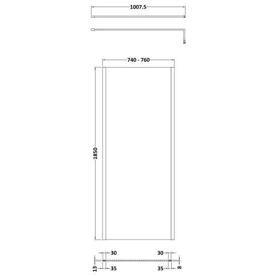 Nuie 760mm Wetroom Screen Outer Frame 1850x8mm - Brushed Pewter