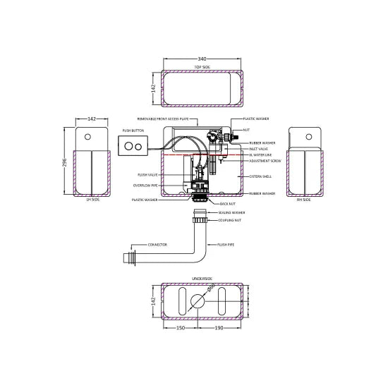 Nuie Pneumatic Dual Flush Universal Concealed Cistern - Chrome Button