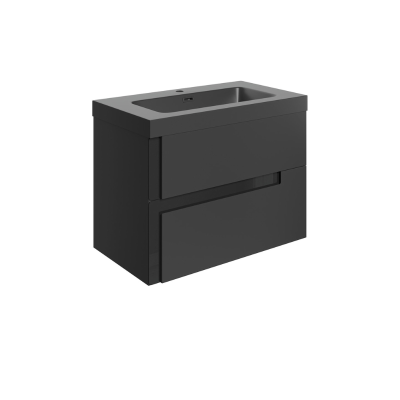 Zane 805mm Wall Hung Basin Unit & Black Basin - Matt Black & Glass