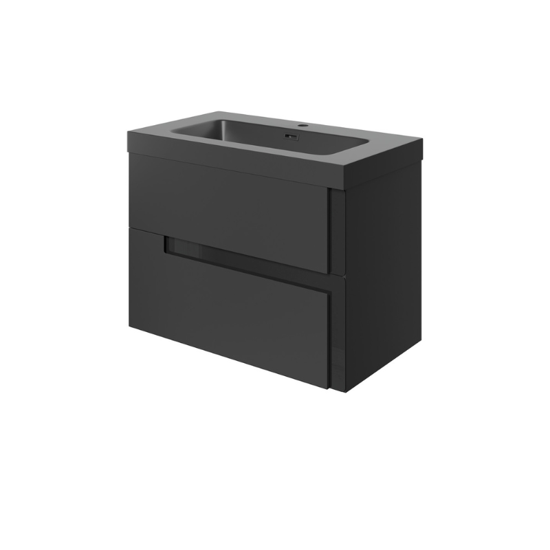 Zane 805mm Wall Hung Basin Unit & Black Basin - Matt Black & Glass