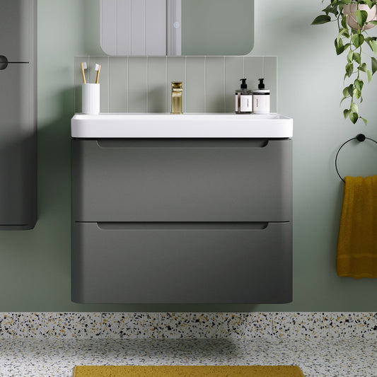 calvino 600mm 2 drawer wall hung basin unit matt grey, Alessio, Wall Hung Vanity Unit, 1