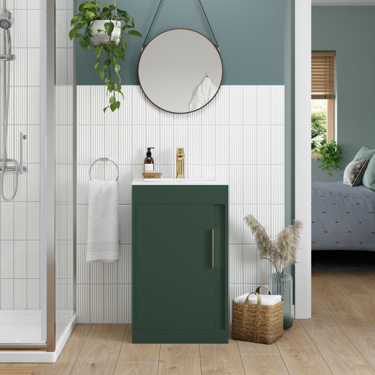 Aida 500mm Floor Standing Vanity Unit - Matt Conifer Green & Brushed Handle