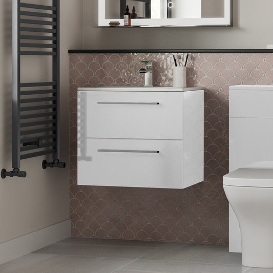 vito 610mm wall hung 2 drawer basin unit basin white gloss, Alessio, Wall Hung Vanity Unit, 1