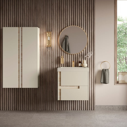zane 605mm wall hung basin unit cream basin matt cotton oak effect finish, Alessio, Wall Hung Vanity Unit, 1