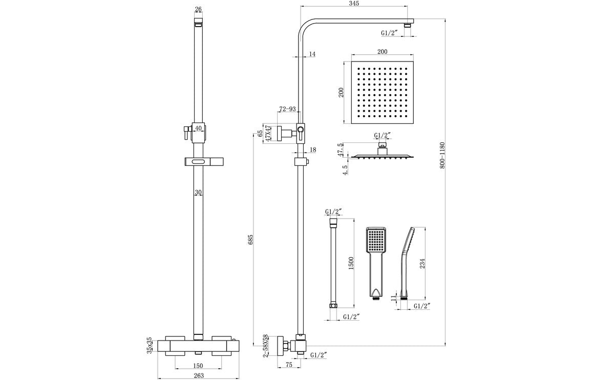 Square Cool Touch Thermostatic Bar Mixer & Riser Kit - Matt Black