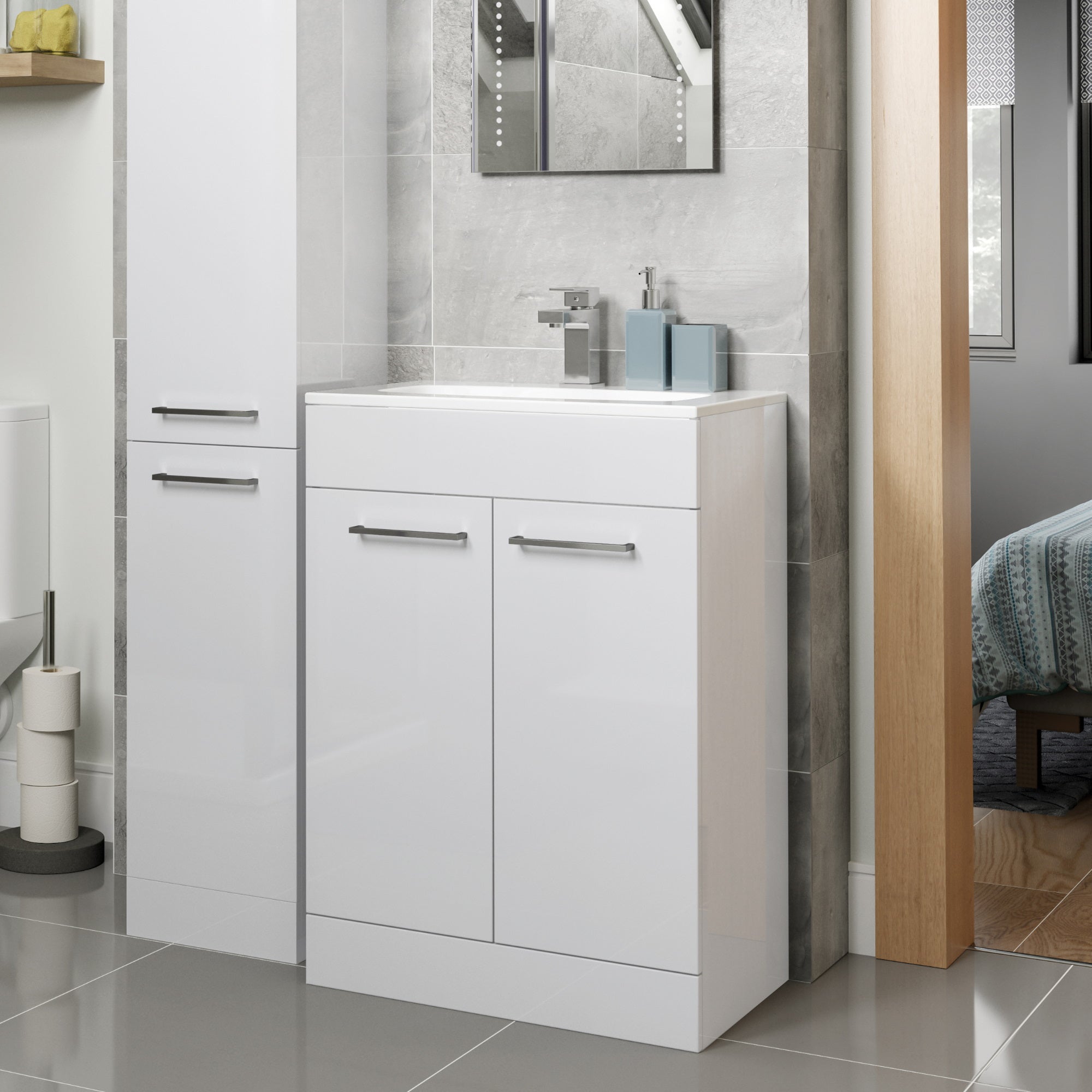 Vito 610mm Floor Standing 2 Door Basin Unit & Basin - White Gloss