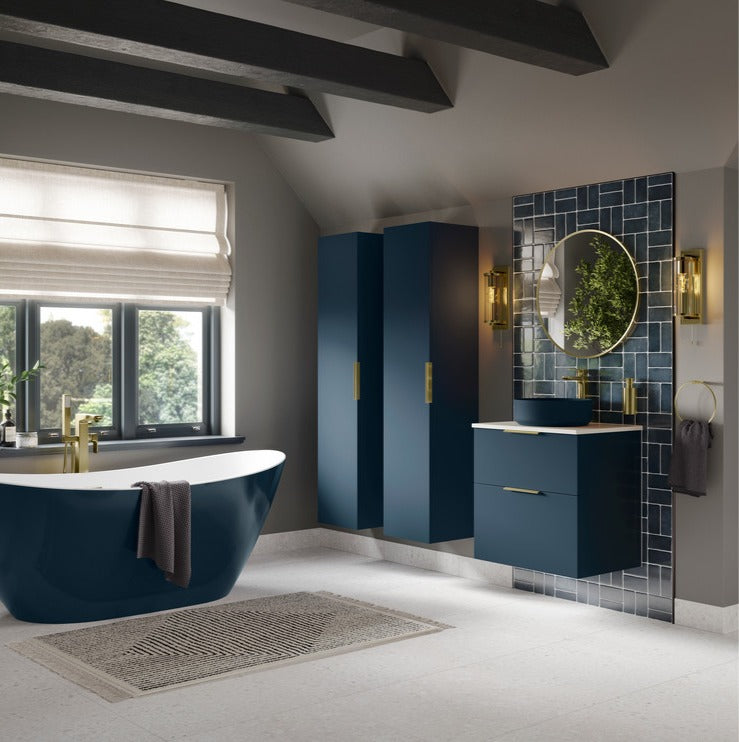 Valente 815mm Wall Hung Basin Unit & Basin - Matt Deep Blue Gold Handles