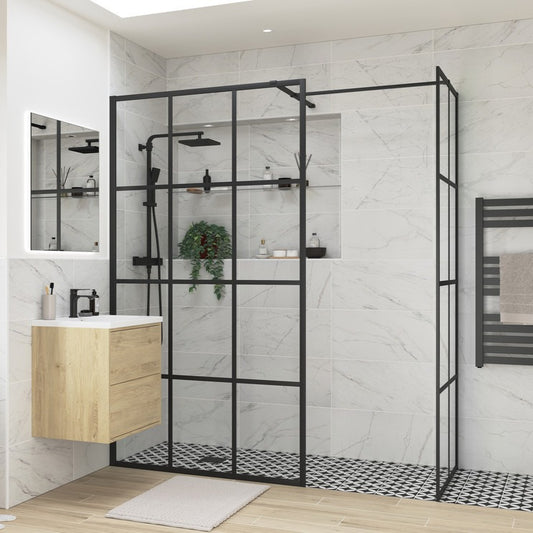 rosa 1000mm black framed grid wetroom panel 760mm side panel, Alessio, Black, Shower Enclosures, Walk In Shower Enclosures, 1