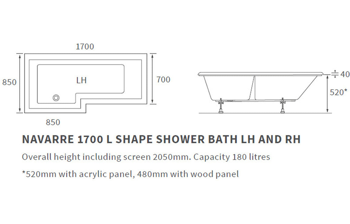 Lucio L Shape Shower Bath Pack 1700x850x560mm (RH)