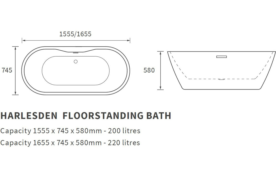 Bellance Freestanding Bath 1655x745x580mm - Black