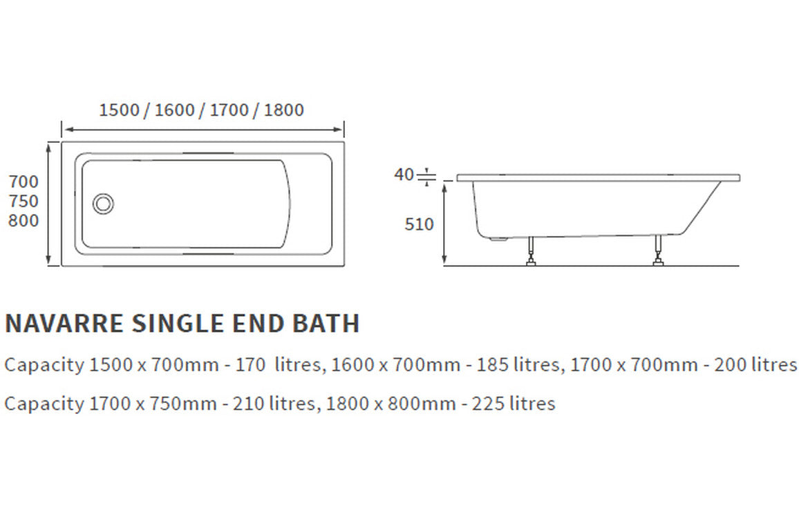 Lucio Square Single Ended Bath 1800x800x550mm