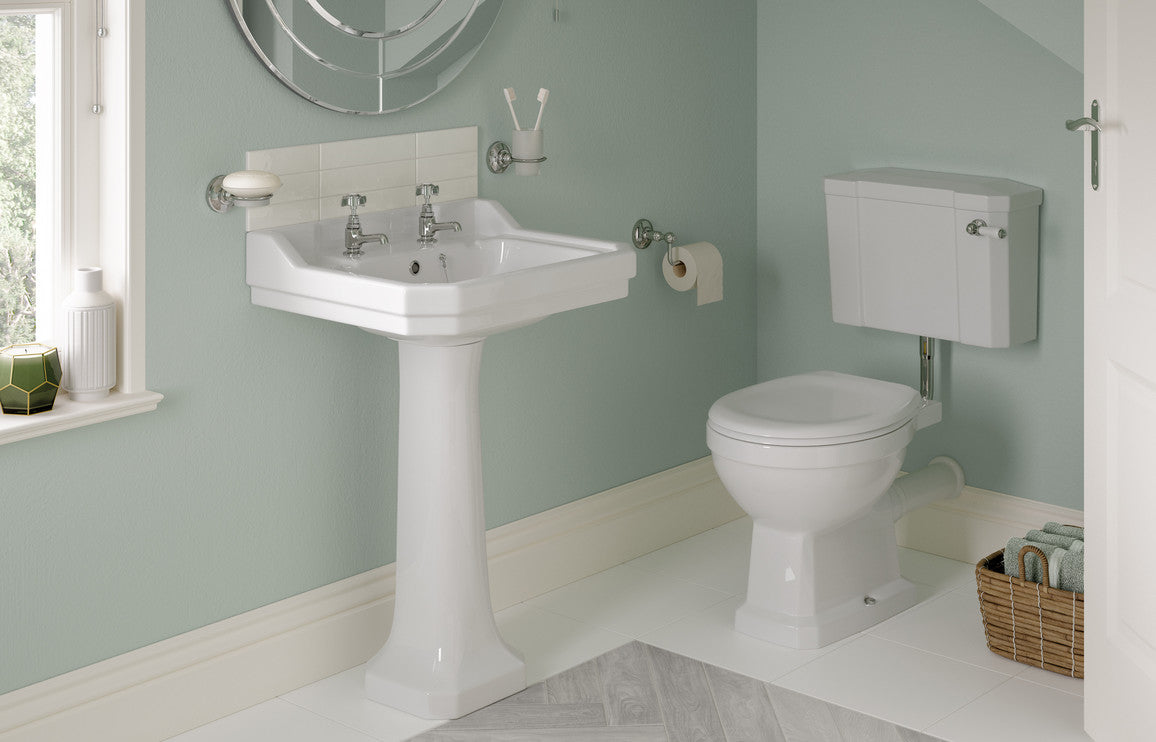 Florence Low Level WC & Sea Green Wood Effect Toilet Seat