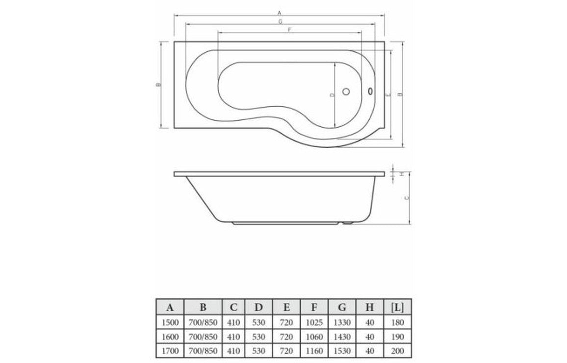 P-Shape 1700x700-850x410mm  Shower Bath  Panel & Screen (RH)