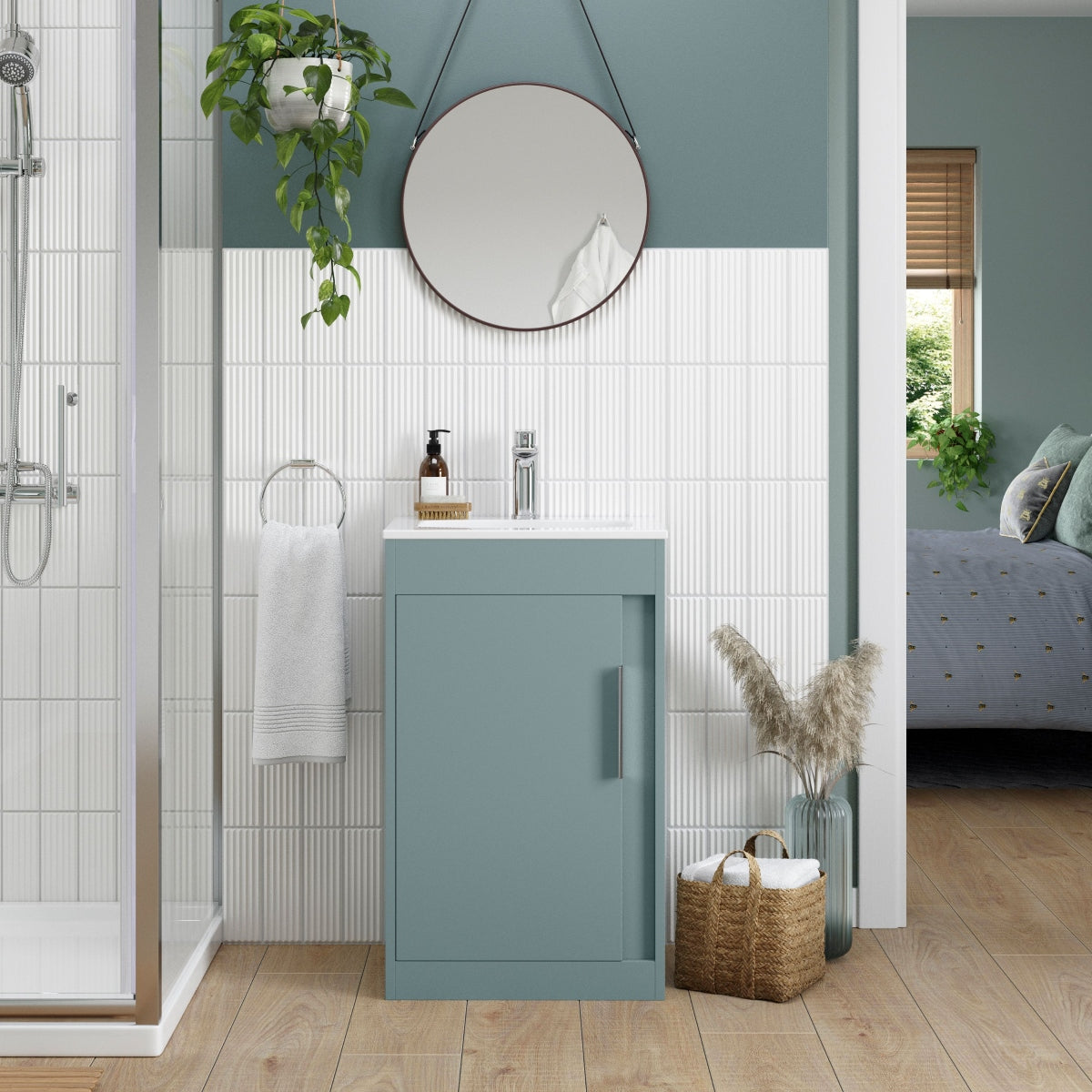 Aida 500mm Floor Standing Vanity Unit - Matt Sea Green & Chrome Handle