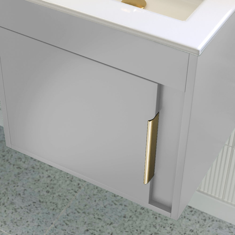 Aida 500mm Wall Hung Vanity Unit - Light Grey Matt & Brushed Brass Handle