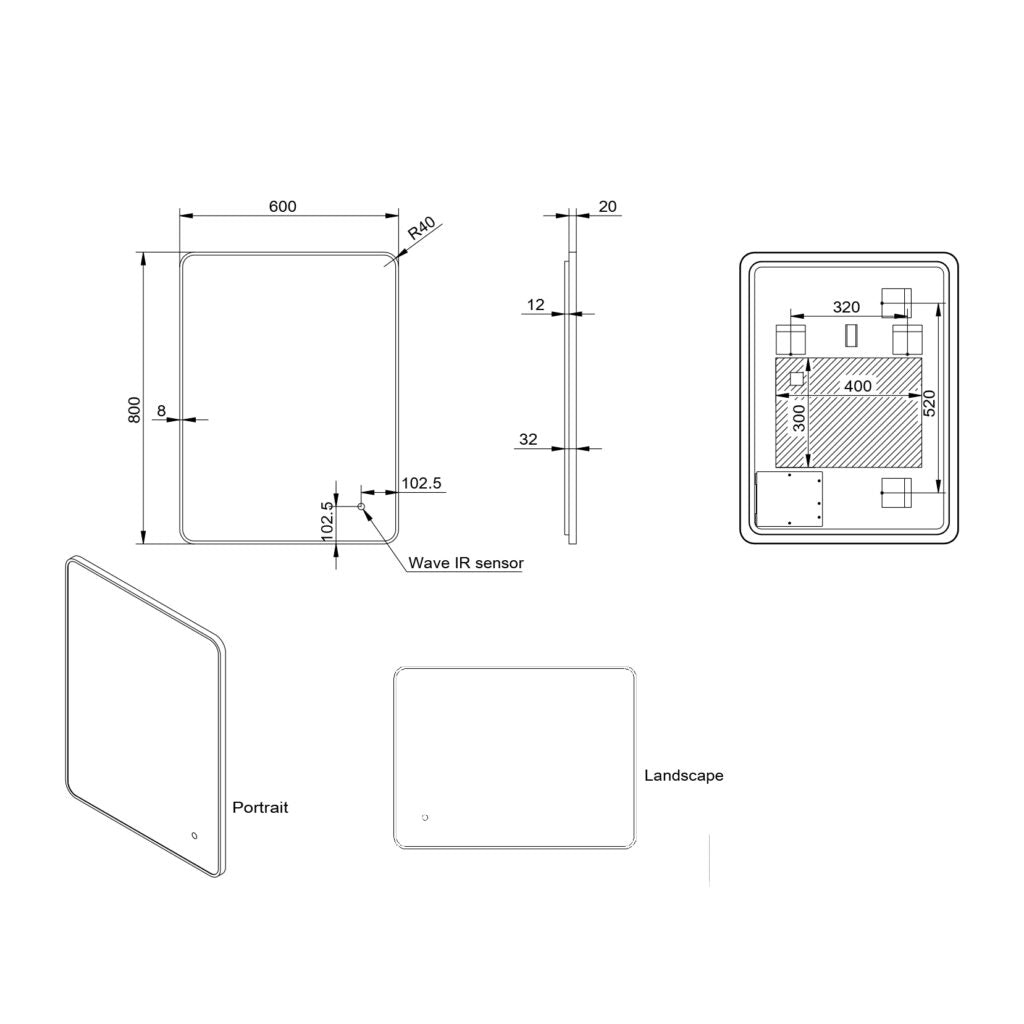 Alfie Soft Square Led Mirror Black Frame 600x800mm