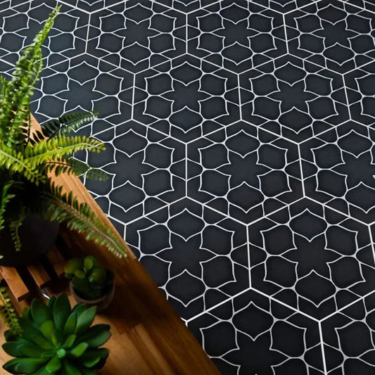 activ kerala charcoal hexagon tiles 330x285mm, Floor Tiles, Patterned Tiles, Porcelain Tiles, Wall Tiles, Black Tiles, 1