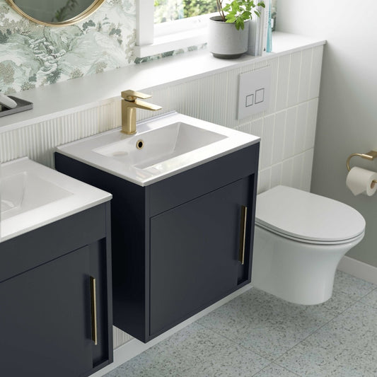 aida 500mm wall hung vanity unit matt indigo blue brushed brass handle, Alessio, Wall Hung Vanity Unit, 1