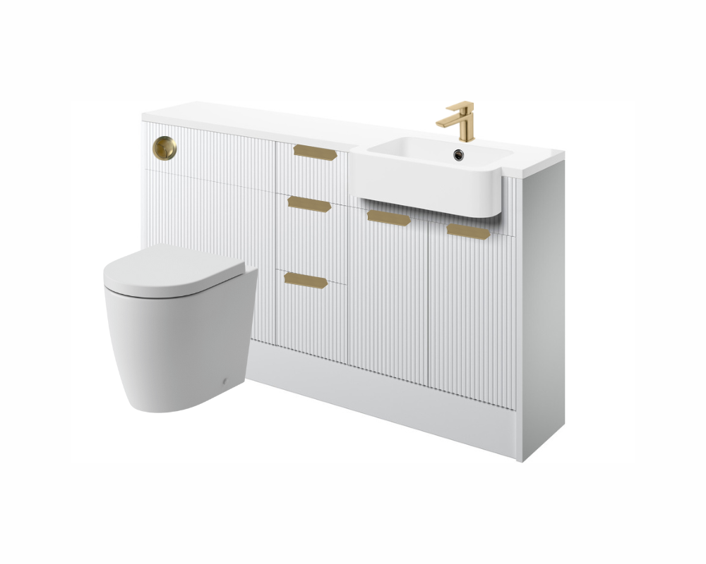 Anita 1542mm Basin  WC & 3 Drawer Unit Pack (RH) - Matt White with Brass Handles