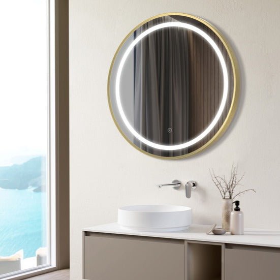 Arezzo 600mm Round Front Lit LED Mirror Brushed Brass Bath Tile