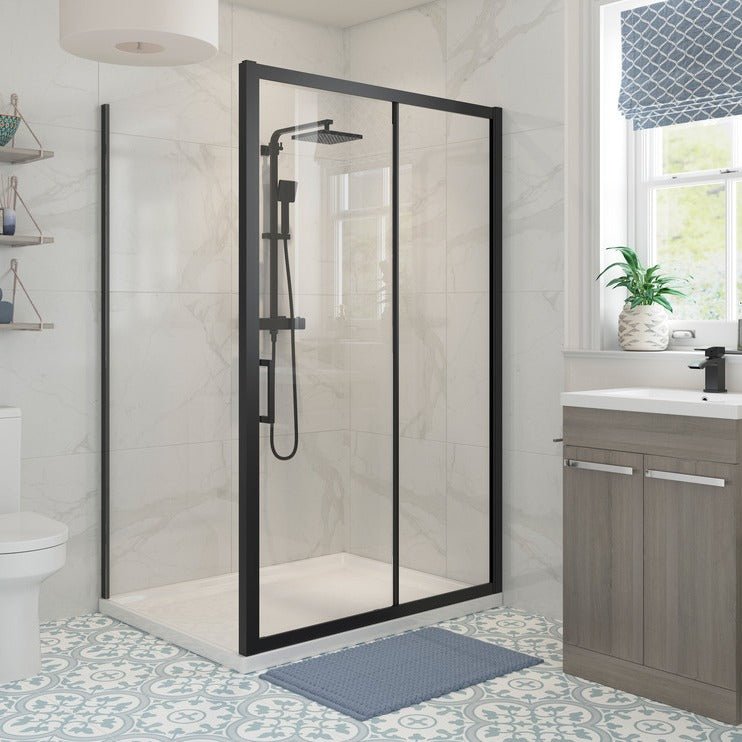 Aria 1200mm Black Matt Sliding Shower Door & 800mm Side Panel - bathandtile