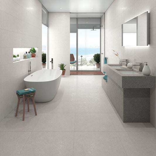 Balance tiles in silver matte finish, 600x600mm size, suitable for floor and wall applications, made of durable porcelain, and featuring a stylish grey tone.